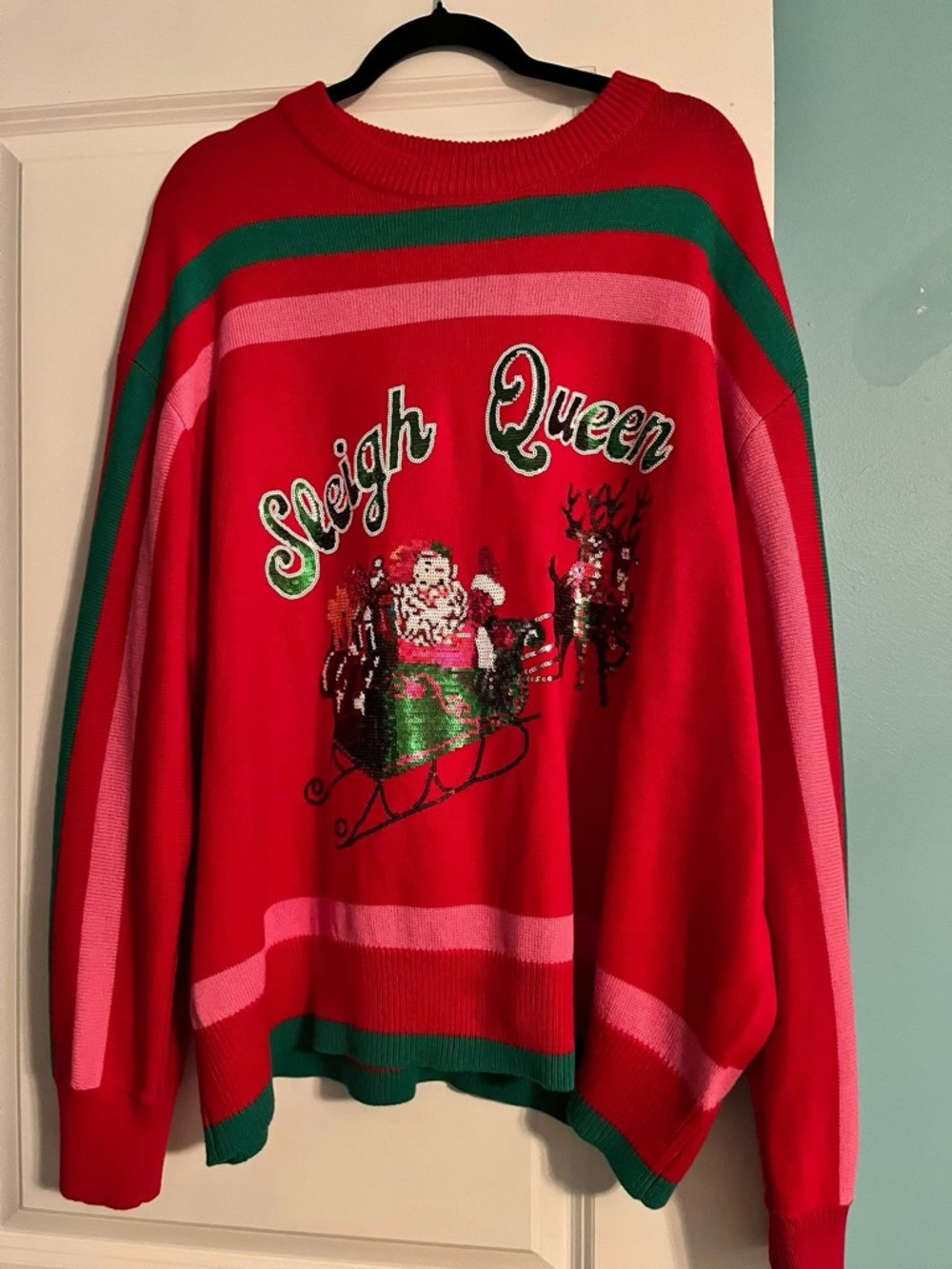 QUEEN OF SPARKLES Red Green Pink Holiday 'Sleigh Queen' Sweater